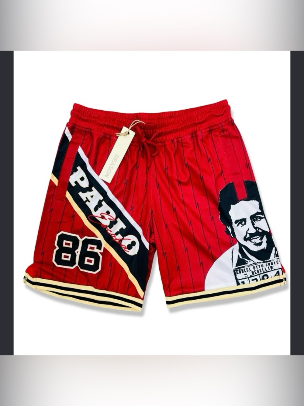 Basketball shorts featuring a graphic of Pablo Escobar with "PABLO" & # 86